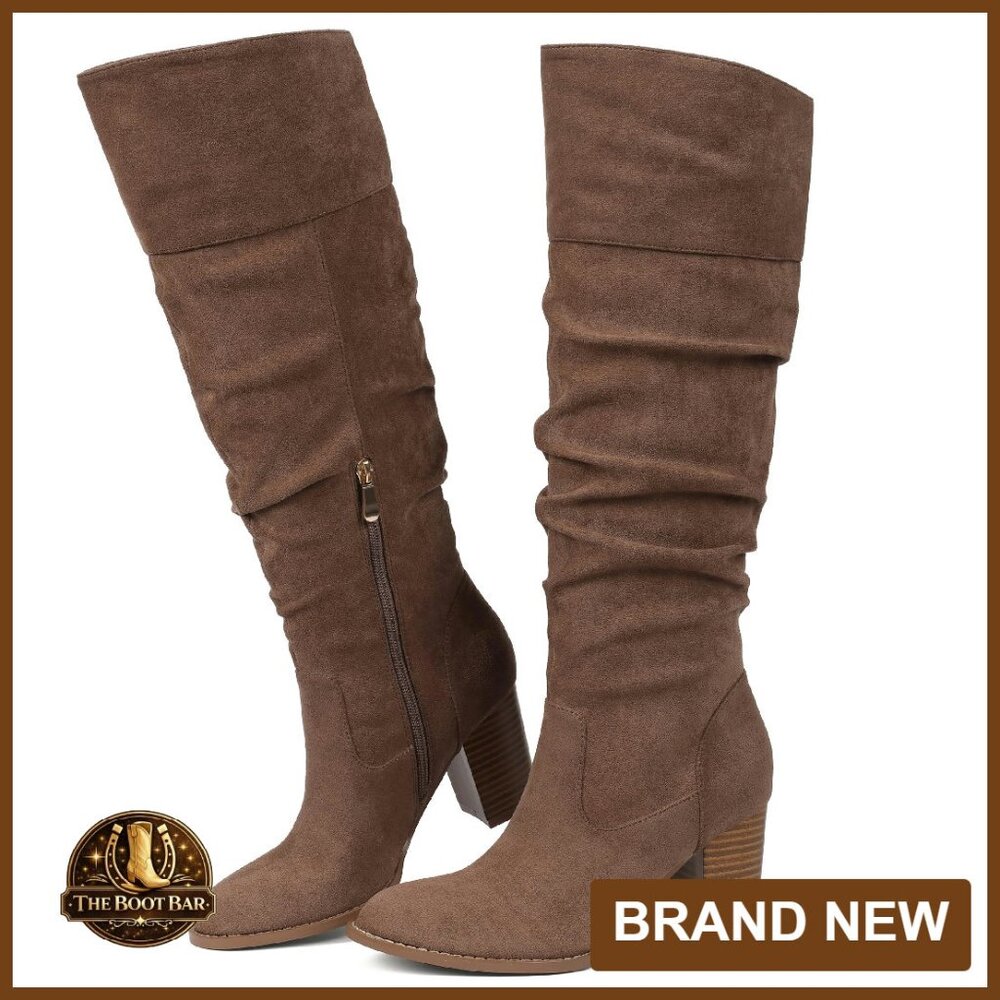 Suede Knee High Boots Chunky Block Heel Slouch Side Zipper
